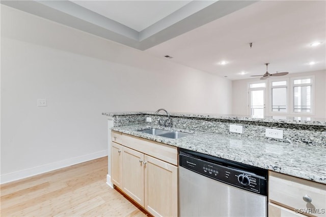 110 W Marshall St Unit U25, Richmond, VA 23220 - kitchen featuring stainless steel dishwasher, a ceiling fan, light wood finished floors, light stone countertops, and recessed lighting