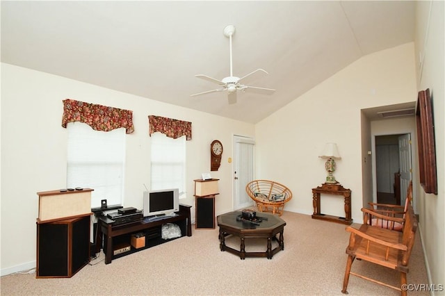 10106 Redbridge Rd, North Chesterfield, VA 23236 - living room with vaulted ceiling, a ceiling fan, and carpet floors