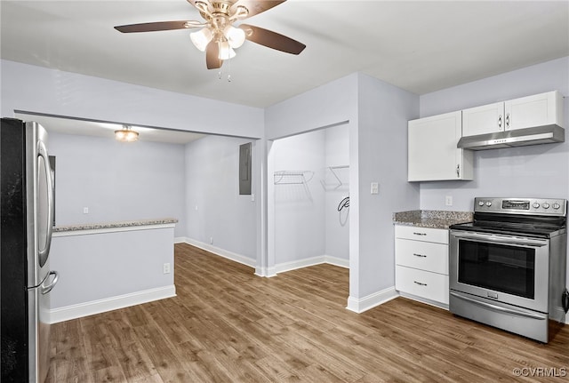 2803 Drewrys Bluff Rd, Chesterfield, VA 23237 - kitchen with appliances with stainless steel finishes, under cabinet range hood, white cabinets, ceiling fan, and wood finished floors