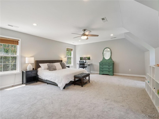 13625 Brandy Oaks Rd, Chesterfield, VA 23832 - bedroom with light carpet, recessed lighting, a ceiling fan, and lofted ceiling
