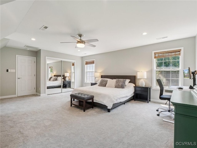13625 Brandy Oaks Rd, Chesterfield, VA 23832 - bedroom featuring multiple windows, a closet, carpet, recessed lighting, and a ceiling fan