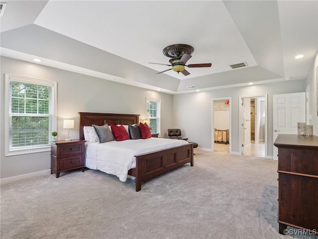 13625 Brandy Oaks Rd, Chesterfield, VA 23832 - bedroom featuring a tray ceiling, light colored carpet, ceiling fan, and recessed lighting