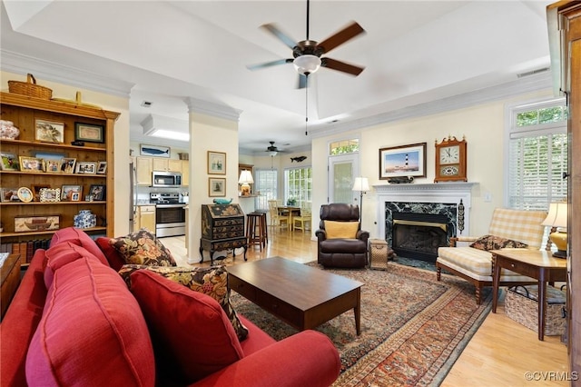 818 Krim Point Loop, Midlothian, VA 23114 - living room with a tray ceiling, ceiling fan, light wood-type flooring, a fireplace, and ornamental molding