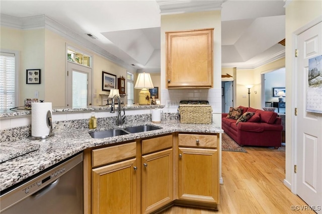 818 Krim Point Loop, Midlothian, VA 23114 - kitchen with stainless steel dishwasher, crown molding, light wood-type flooring, light stone countertops, and decorative backsplash