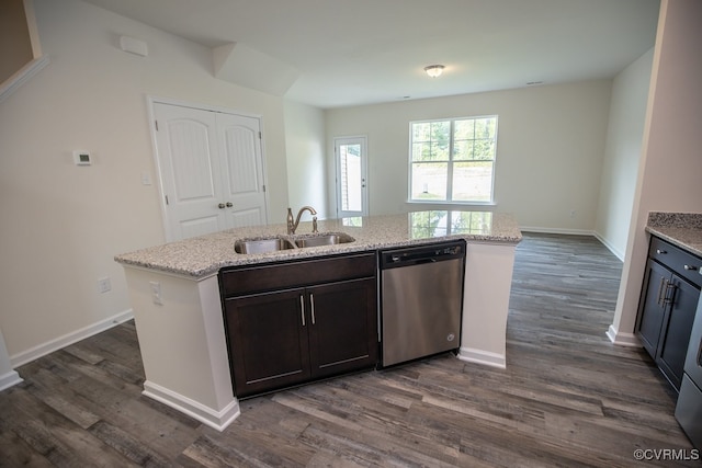 6413 Belay Dr, Chesterfield, VA 23234 - kitchen with stainless steel dishwasher, dark wood-style flooring, light stone countertops, and an island with sink