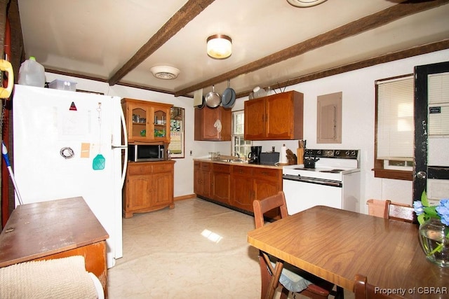 1026 Hoecake Rd, Lancaster, VA 22513 - kitchen with white appliances, brown cabinets, beamed ceiling, electric panel, and light countertops
