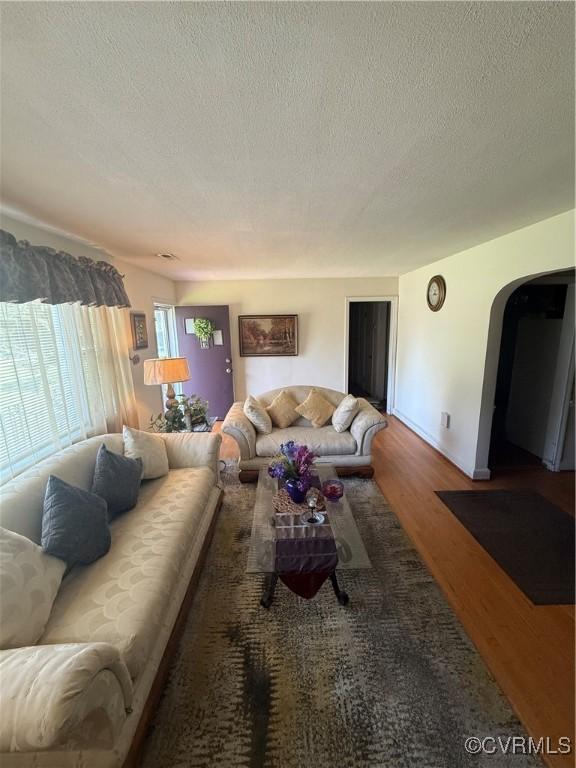 305 Danray Dr, Henrico, VA 23227 - living area featuring wood finished floors, arched walkways, and a textured ceiling