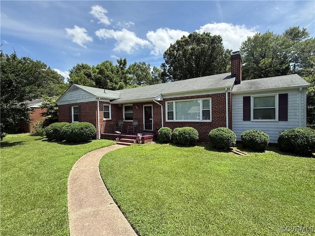 305 Danray Dr, Henrico, VA 23227 - ranch-style house with a front lawn, a chimney, brick siding, and a shingled roof