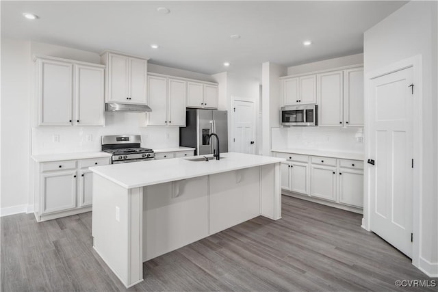 0 Crosswinds Dr, North Chesterfield, VA 23234 - kitchen featuring stainless steel appliances, under cabinet range hood, light wood-style flooring, an island with sink, and white cabinetry