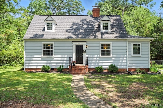 5614 Jahnke Rd, Richmond, VA 23225 - new england style home featuring a front lawn, crawl space, a chimney, and a shingled roof
