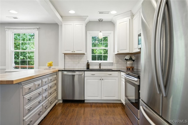 5614 Jahnke Rd, Richmond, VA 23225 - kitchen featuring stainless steel appliances, plenty of natural light, wooden counters, dark wood-type flooring, and recessed lighting