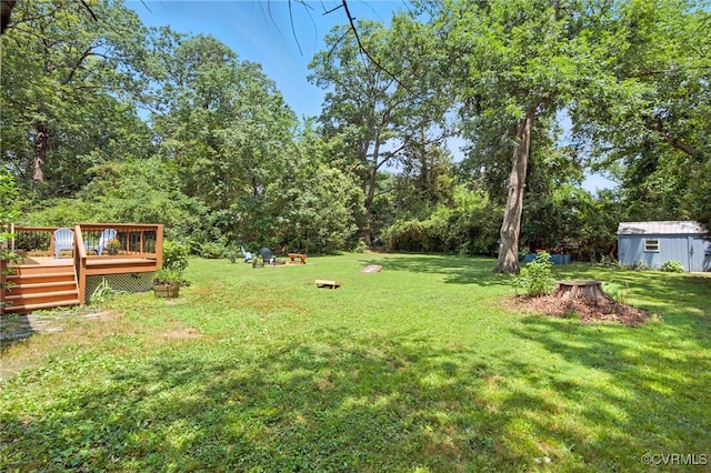 5614 Jahnke Rd, Richmond, VA 23225 - view of grassy yard with a deck and a storage shed