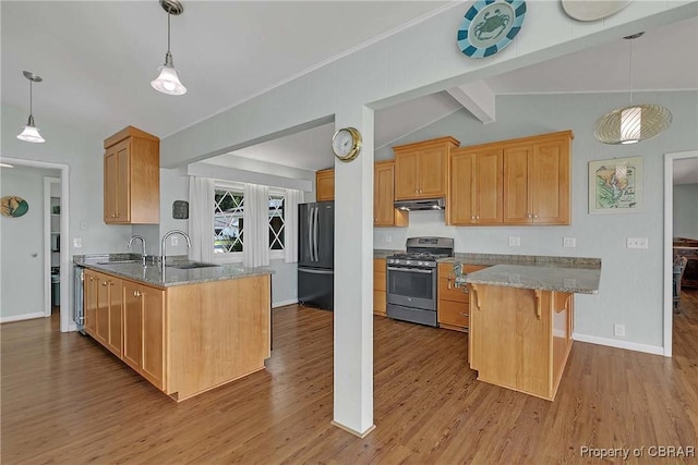 1583 Winona Park Dr, West Point, VA 23181 - kitchen with stainless steel appliances, a peninsula, under cabinet range hood, and wood finished floors