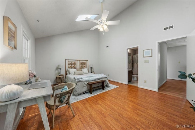 8015 Buford, North Chesterfield, VA 23235 - bedroom featuring attic access, high vaulted ceiling, light wood-style flooring, and ceiling fan