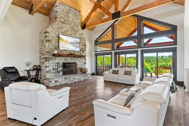 1 Cross County Rd, Mineral, VA 23117 - living room with high vaulted ceiling, a wood ceiling with exposed beams, healthy amount of natural light, a fireplace, and wood finished floors