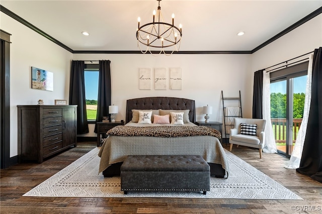 1 Cross County Rd, Mineral, VA 23117 - bedroom featuring crown molding, access to exterior, a chandelier, recessed lighting, and wood finished floors