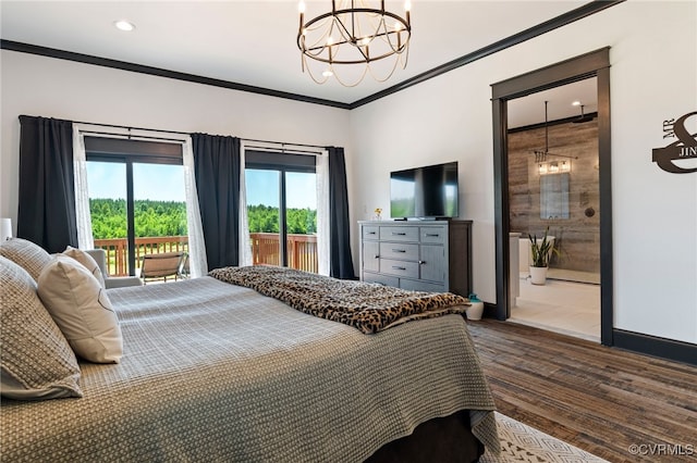 1 Cross County Rd, Mineral, VA 23117 - bedroom with access to outside, ornamental molding, dark wood finished floors, a chandelier, and ensuite bathroom
