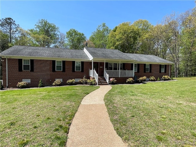 6197 Fishermans Way, Mechanicsville, VA 23116 - ranch-style home featuring a porch, a front lawn, and brick siding