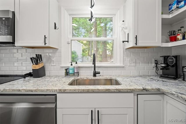 12305 Leesburg Cir, Midlothian, VA 23112 - kitchen featuring stainless steel appliances, white cabinets, tasteful backsplash, and open shelves
