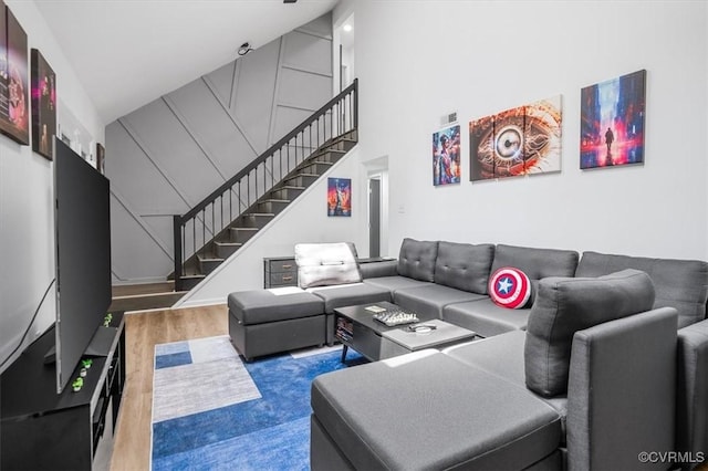 12305 Leesburg Cir, Midlothian, VA 23112 - living room with wood finished floors, stairway, and a towering ceiling