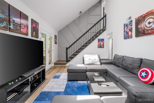 12305 Leesburg Cir, Midlothian, VA 23112 - living area with stairs, wood finished floors, and high vaulted ceiling