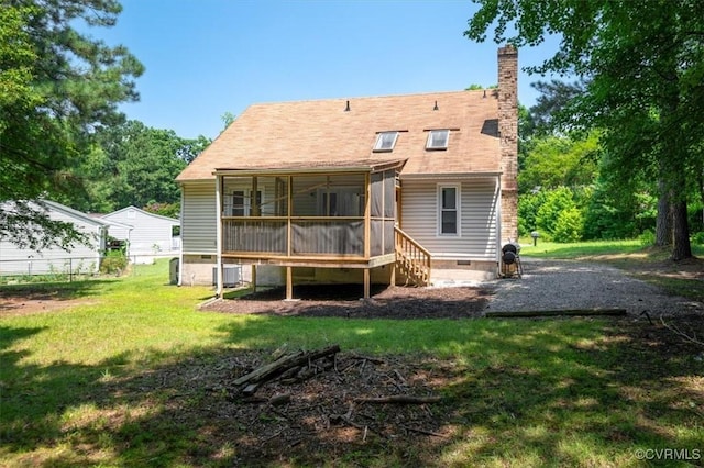 12305 Leesburg Cir, Midlothian, VA 23112 - rear view of property featuring a chimney, a sunroom, a yard, and crawl space