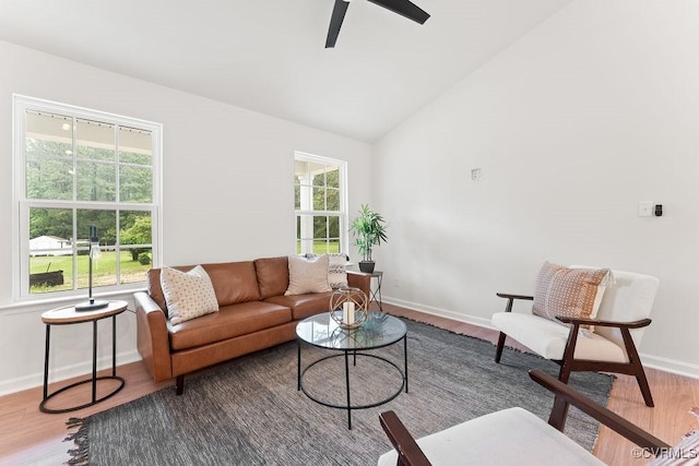 26354 Old Pitts, Ruther Glen, VA 22546 - living room featuring wood finished floors, ceiling fan, and high vaulted ceiling