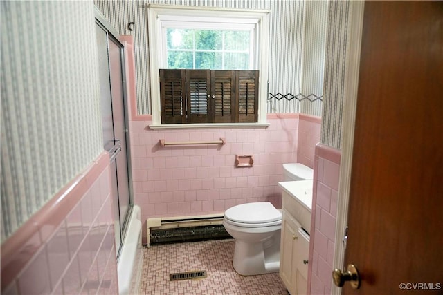 1208 Amesbury Ln, Richmond, VA 23227 - bathroom with wallpapered walls, vanity, an enclosed shower, wainscoting, and tile patterned flooring