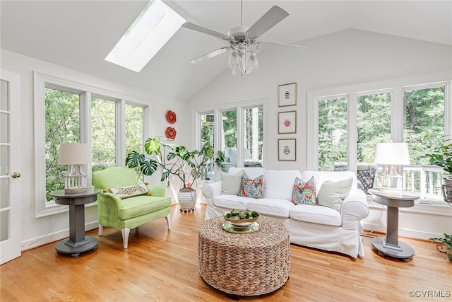 105 Williamson Ct, Henrico, VA 23229 - living area featuring a skylight, ceiling fan, light wood-style floors, and high vaulted ceiling