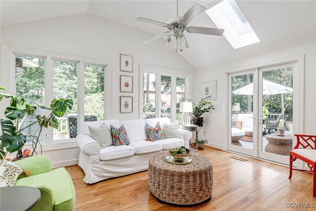 105 Williamson Ct, Henrico, VA 23229 - living room with lofted ceiling, a skylight, healthy amount of natural light, a ceiling fan, and light wood-style floors