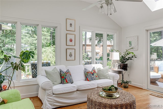 105 Williamson Ct, Henrico, VA 23229 - living room with ceiling fan, lofted ceiling, light wood-type flooring, and a skylight