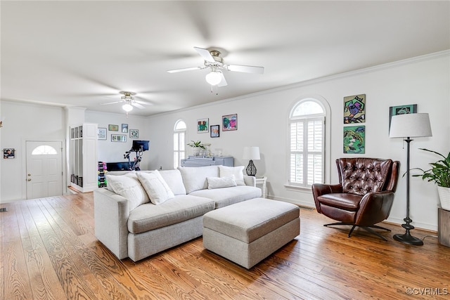 105 Williamson Ct, Henrico, VA 23229 - living area featuring a ceiling fan, hardwood / wood-style floors, and crown molding