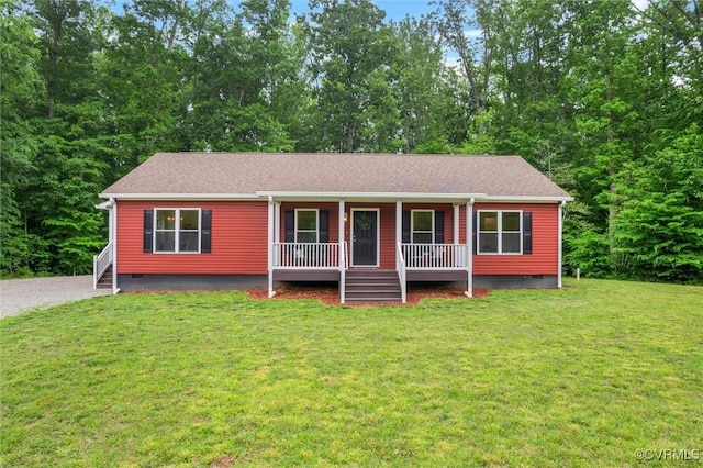 5239 Old Buckingham Rd, Powhatan, VA 23139 - view of front of home with crawl space, a porch, a front yard, and a shingled roof