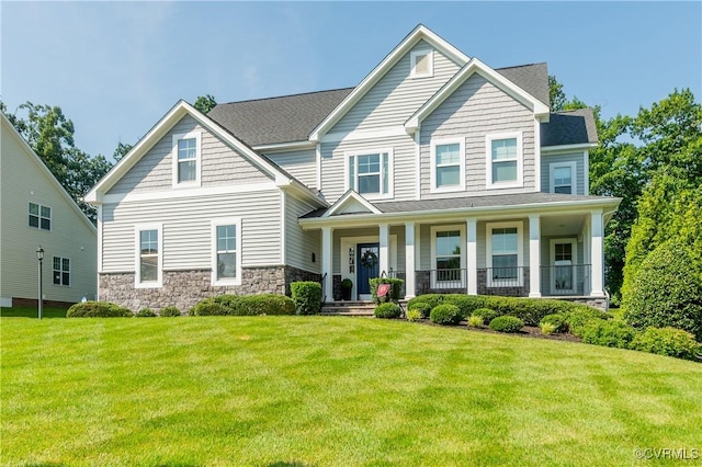1240 Miners Trail Rd, Midlothian, VA 23114 - craftsman house with stone siding, covered porch, and a front lawn