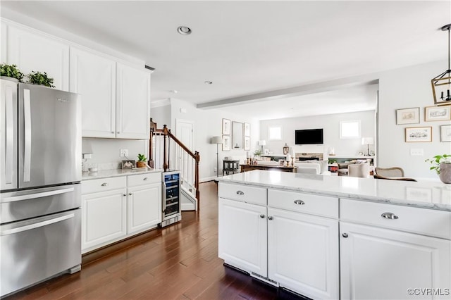 1240 Miners Trail Rd, Midlothian, VA 23114 - kitchen with freestanding refrigerator, beverage cooler, white cabinetry, dark wood finished floors, and recessed lighting