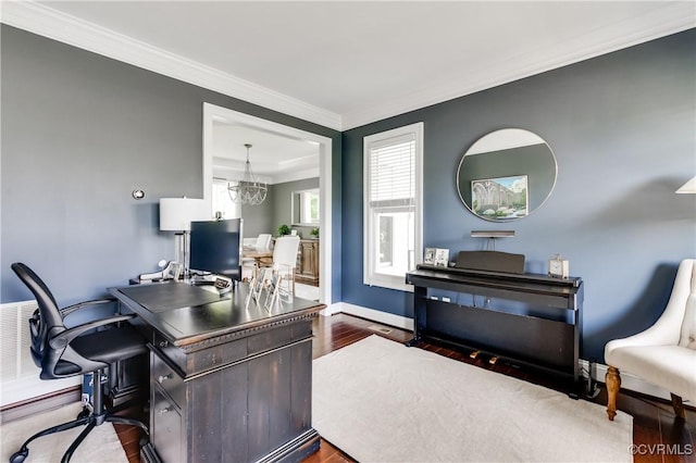 1240 Miners Trail Rd, Midlothian, VA 23114 - home office featuring wood finished floors, crown molding, and a chandelier