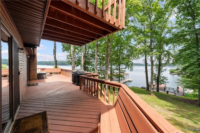 6131 Kellys Gln, Mineral, VA 23117 - wooden terrace featuring a water view, a grill, and a lawn