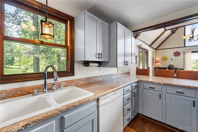 6131 Kellys Gln, Mineral, VA 23117 - kitchen featuring dishwasher, hanging light fixtures, dark wood-type flooring, light countertops, and gray cabinets