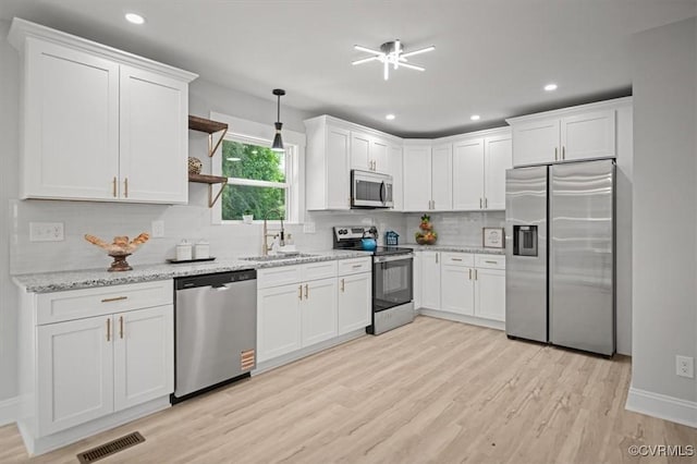 2227 S Whitehill Dr, Petersburg, VA 23803 - kitchen featuring appliances with stainless steel finishes, backsplash, white cabinets, light wood finished floors, and recessed lighting