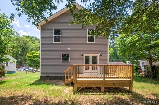 2227 S Whitehill Dr, Petersburg, VA 23803 - rear view of property with a wooden deck, a yard, crawl space, and french doors