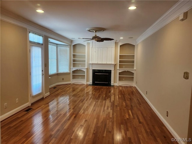 3902 Amberleigh Blvd, Chesterfield, VA 23236 - unfurnished living room featuring wood-type flooring, a fireplace with flush hearth, ornamental molding, ceiling fan, and built in features