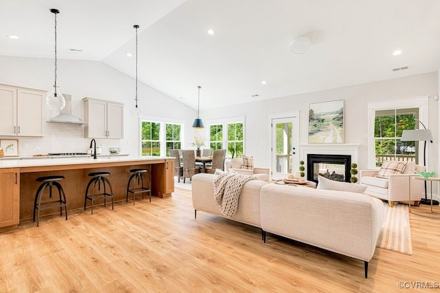 9157 Terroir Ln, New Kent, VA 23124 - living room with light wood-type flooring, a multi sided fireplace, high vaulted ceiling, and recessed lighting