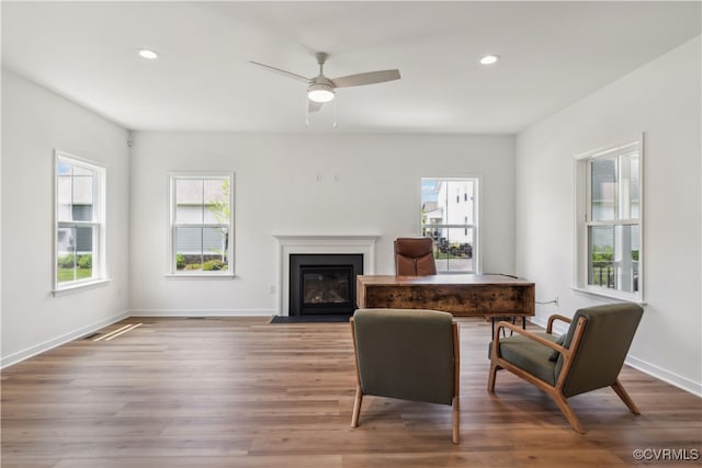 9130 Terroir Ln, New Kent, VA 23124 - living area with wood finished floors, ceiling fan, recessed lighting, and a fireplace with flush hearth