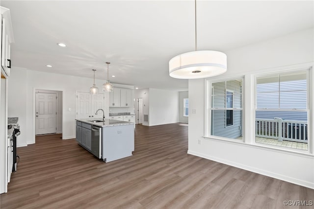 9131 Terroir Ln, New Kent, VA 23124 - kitchen with dishwasher, recessed lighting, dark wood-style floors, open floor plan, and white cabinets