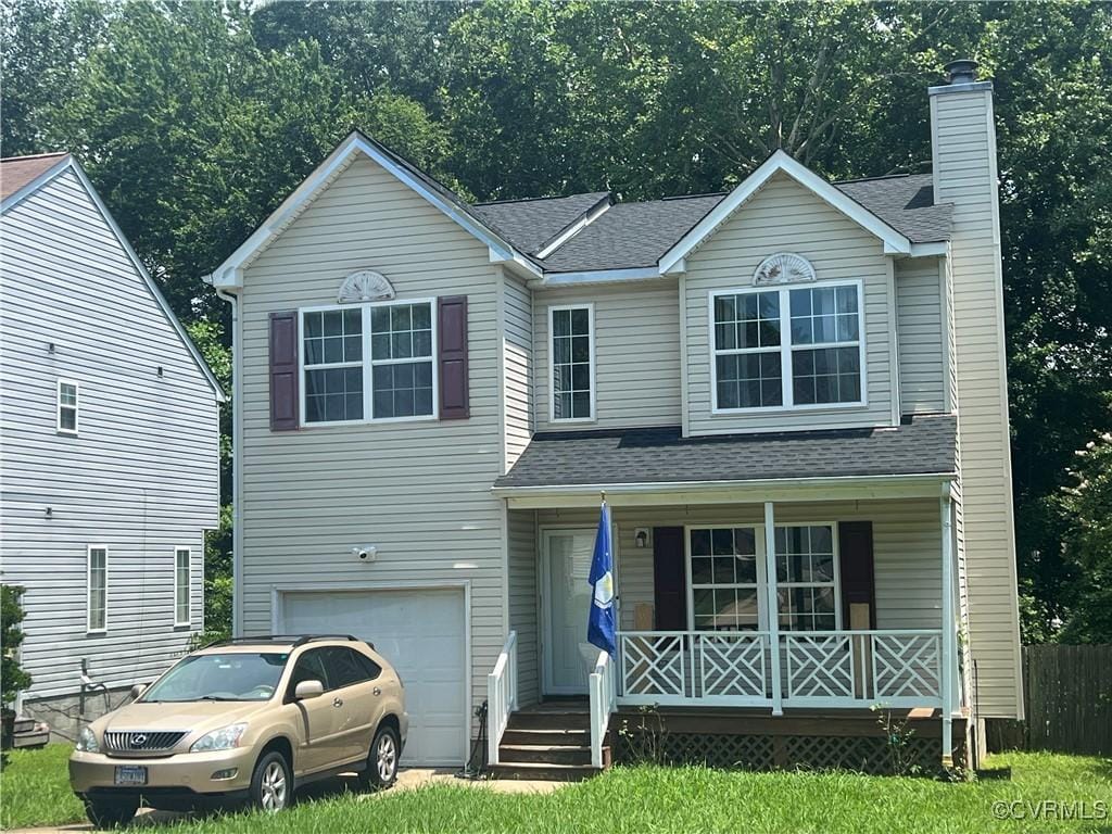 100 Rusty Ct, Williamsburg, VA 23185 - traditional home with a porch, a garage, a chimney, and roof with shingles