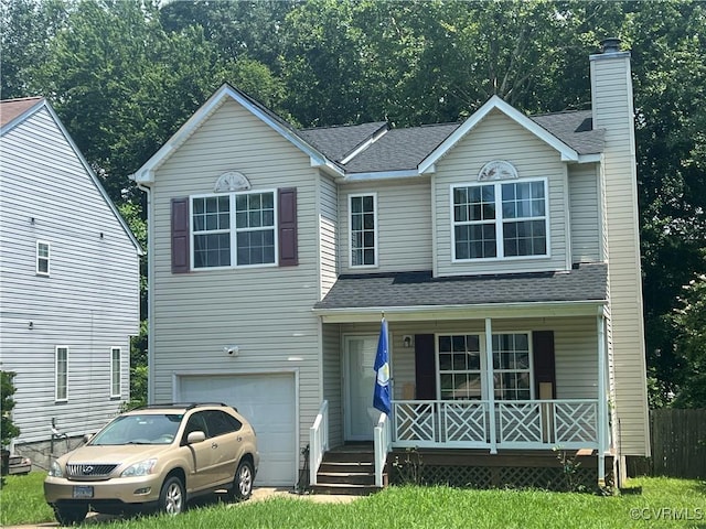 100 Rusty Ct, Williamsburg, VA 23185 - traditional home with a porch, a garage, a chimney, and roof with shingles
