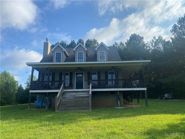 4554 Plank Rd, Kenbridge, VA 23944 - rear view of property with stairs, ceiling fan, a chimney, a lawn, and covered porch