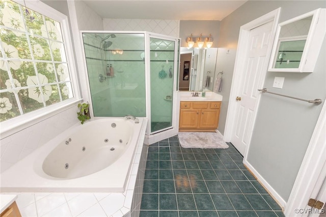 13813 Bluff Ridge Dr, Chesterfield, VA 23838 - full bathroom featuring vanity, a shower stall, a whirlpool tub, and tile patterned floors