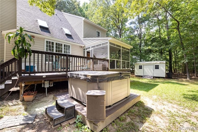 13813 Bluff Ridge Dr, Chesterfield, VA 23838 - wooden deck featuring a hot tub, a sunroom, a shed, a lawn, and view of scattered trees