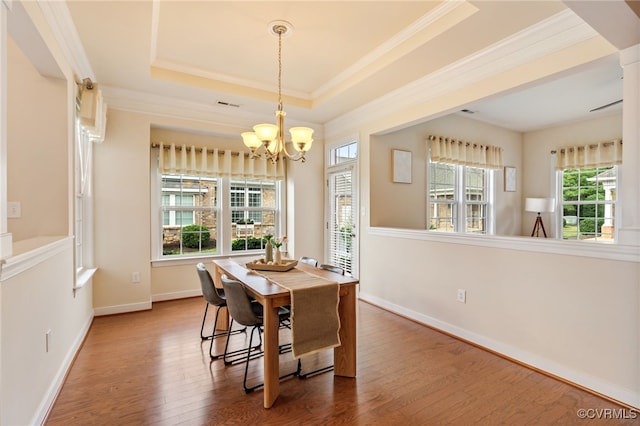5915 E Stonepath Garden Dr, Chester, VA 23831 - dining space featuring crown molding, a chandelier, wood finished floors, and a tray ceiling
